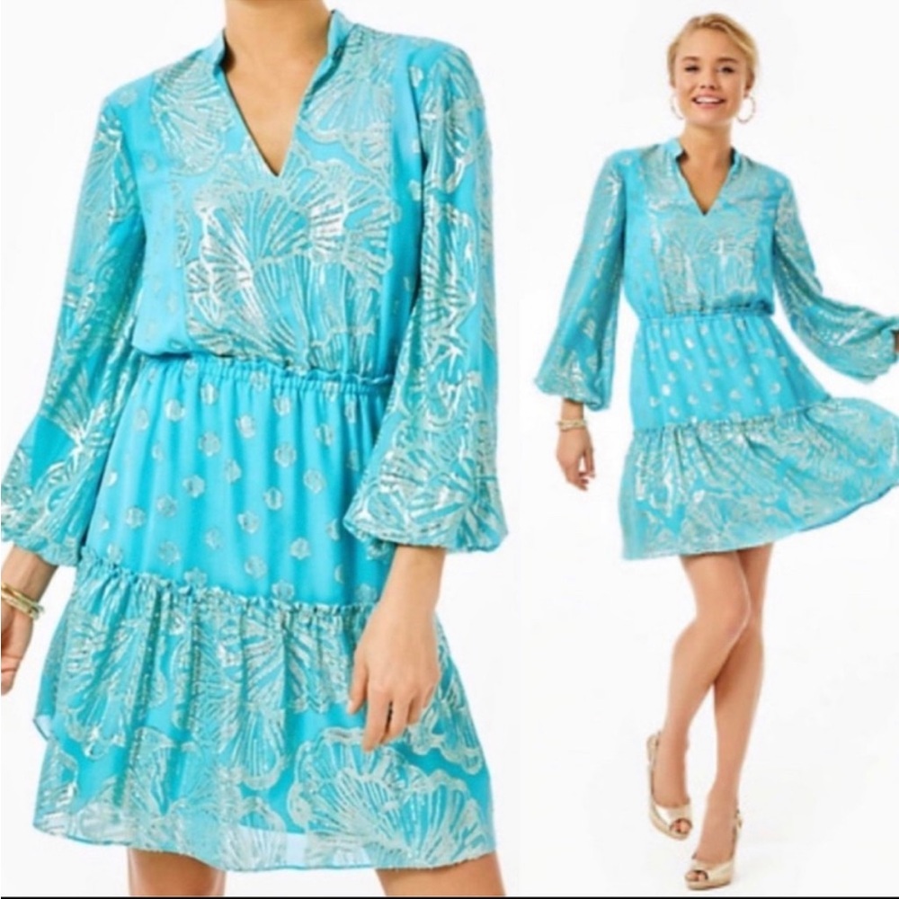 Lilly Pulitzer Joella Silk Dress Bermuda Blue Seagrass Metallic Clip Gold 12